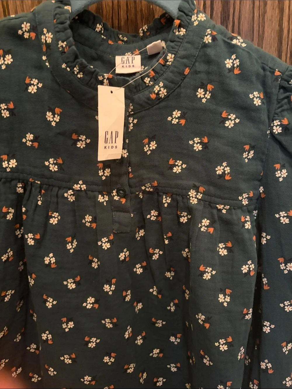 GAP Dark Green Floral Ruffle-Yoke Long Sleeve Top